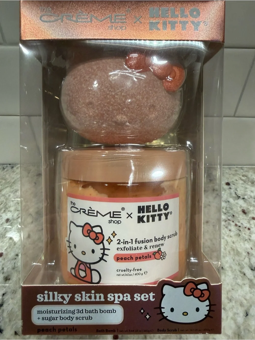 Hello Kitty Peach Bath Scrub & Cute Kitty Bath Bomb - Gift Set Peach - New!